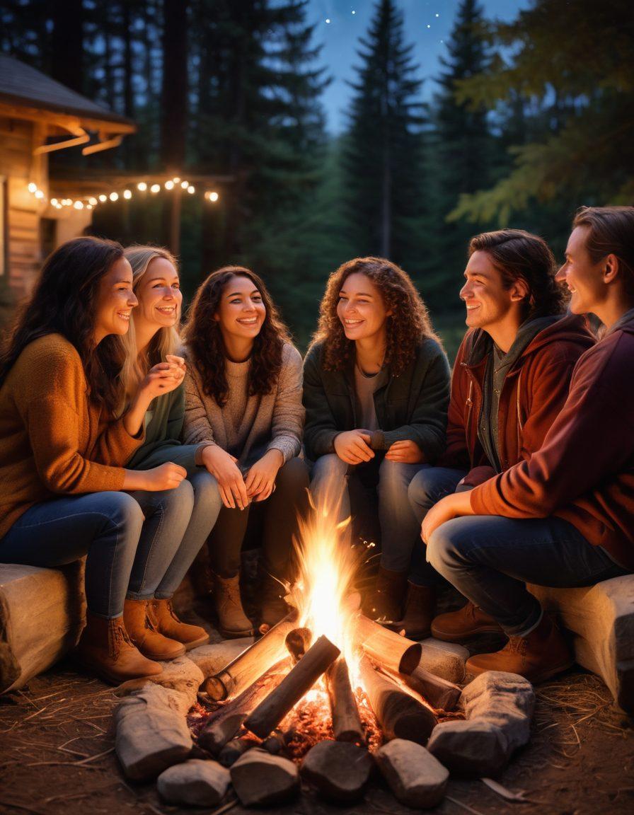 A warm and inviting scene of a diverse group of friends gathered around a bonfire, sharing stories and laughter under a starlit sky. Soft light illuminating their connected faces, showcasing a blend of cultures and ages. The background features a serene forest setting, emphasizing intimacy and unity. The atmosphere is cozy and heartwarming, inviting the viewer to feel the warmth of togetherness. super-realistic. vibrant colors. cozy atmosphere.