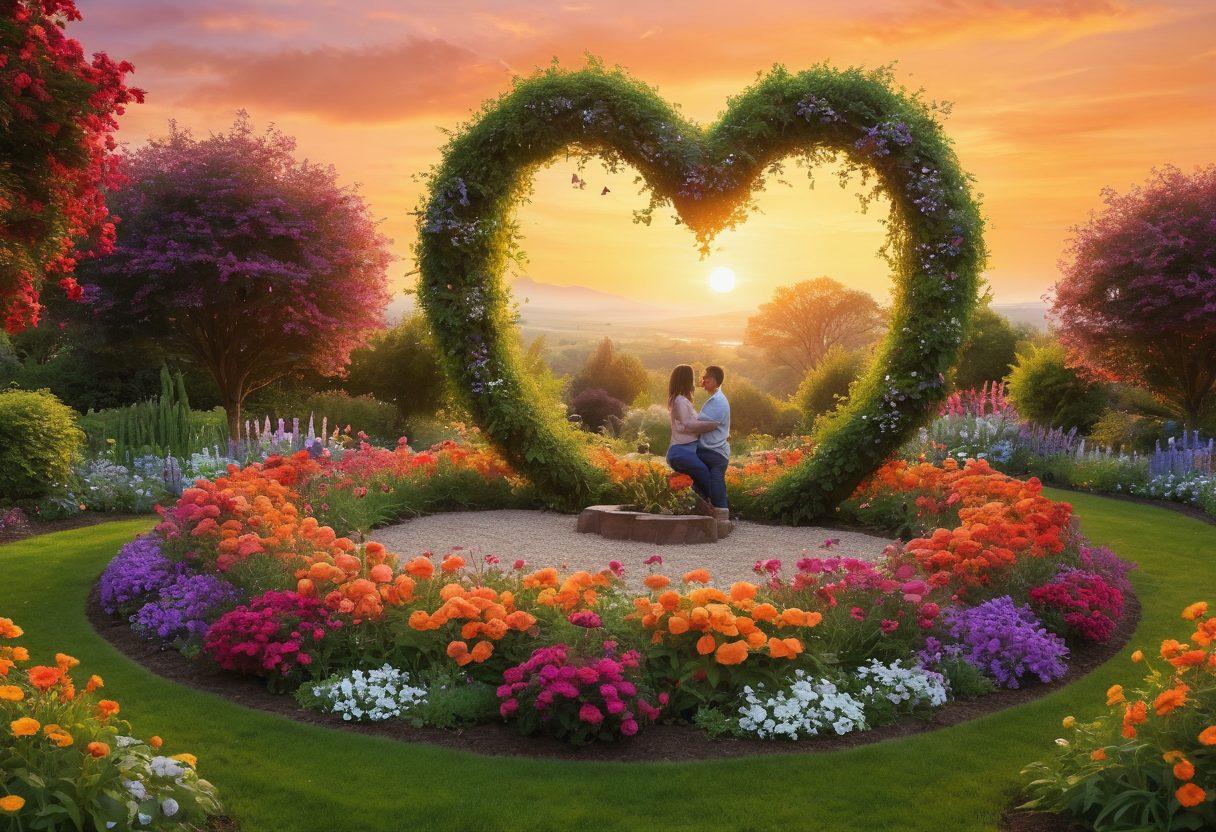 A heart-shaped garden thriving with colorful flowers representing various emotions, with two people planting together to symbolize teamwork and intimacy. A gentle sunset in the background casts warm hues, enhancing the feel of love and connection. Soft, inviting details such as butterflies and birds in the scene emphasize harmony. super-realistic. vibrant colors. warm tones.