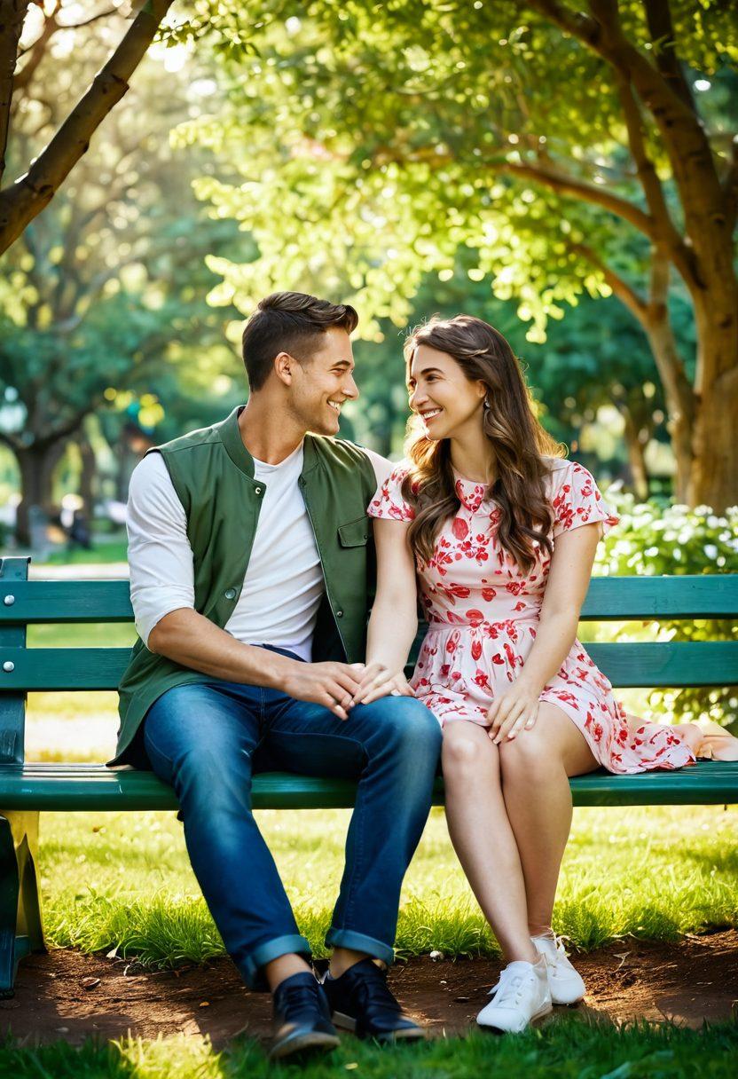 A warm and inviting scene of a couple sitting together on a lush green park bench, holding hands and sharing a genuine smile, with soft sunlight filtering through the trees. Surrounding them are symbols of trust like intertwined hearts and harmony represented by vibrant flowers. The background hints at a serene setting, emphasizing connection and love. super-realistic. vibrant colors. soft focus.
